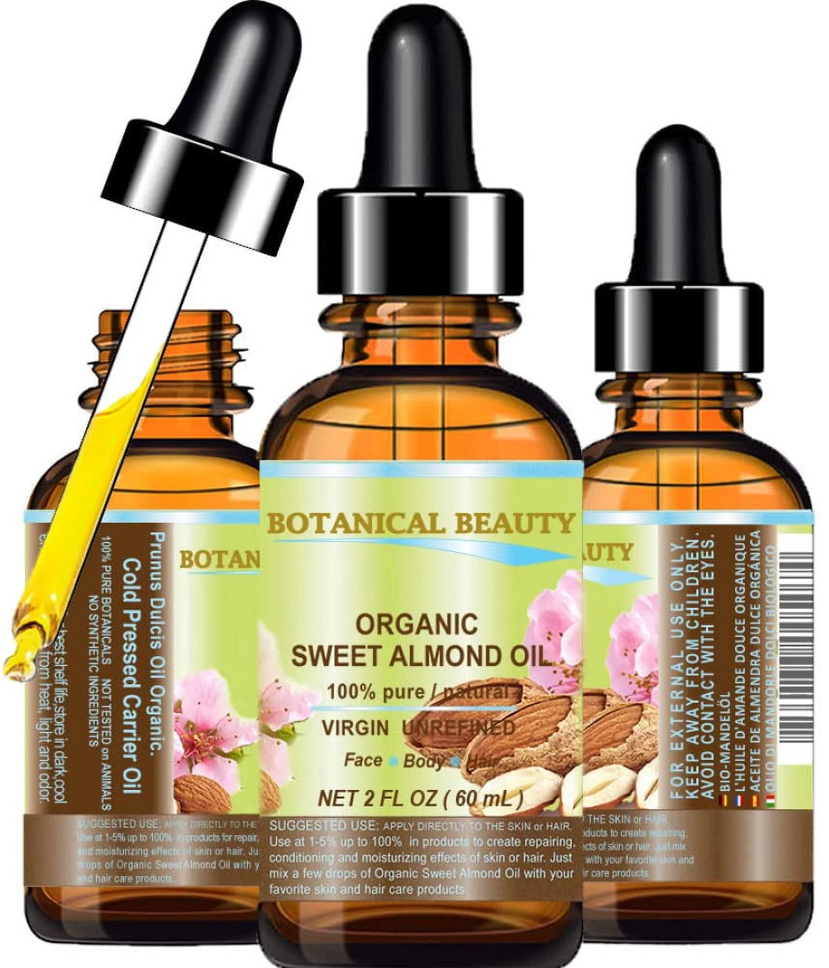 Botanical Beauty Organic Sweet Almond Oil 100% Pure/Virgin/Unrefined Cold Pressed Carrier Oil. 2 Oz-60 Ml. For Face, Hair And Body.