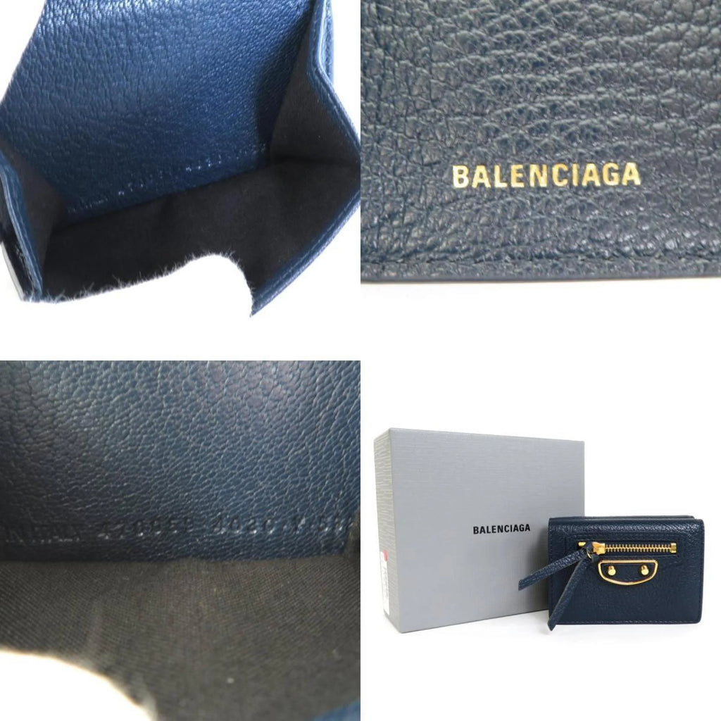 Previously Owned Balenciaga BALENCIAGA trifold wallet mini leather navy gold (Good)