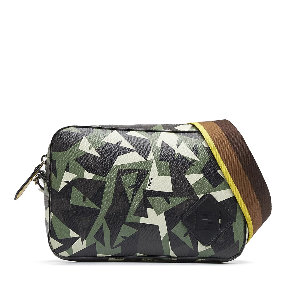 Previously Owned Authenticated Fendi Monster Eyes Camouflage Camera Bag Calf Leather Green Crossbody Bag Unisex (Good)