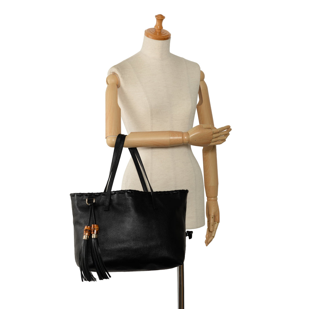 Secondhand Authenticated Gucci Bamboo Tassel Tote Calf Leather Black Tote Bag Unisex (Good)