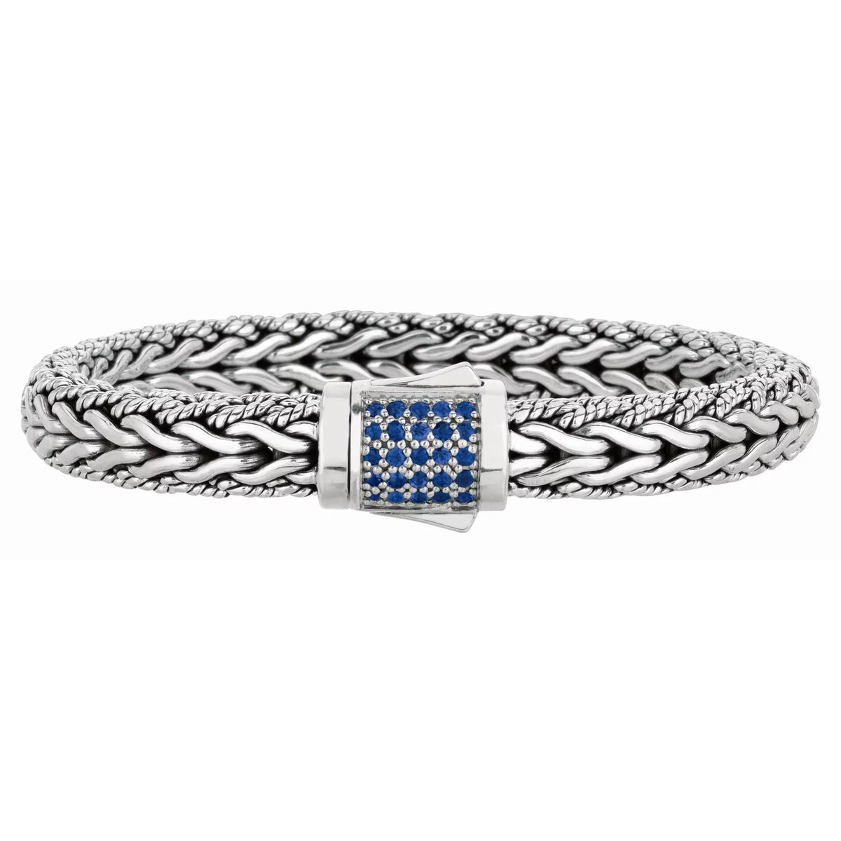 Designer Silver & Blue Sapphire Spiga Wheat Woven Bracelet - 8.25"