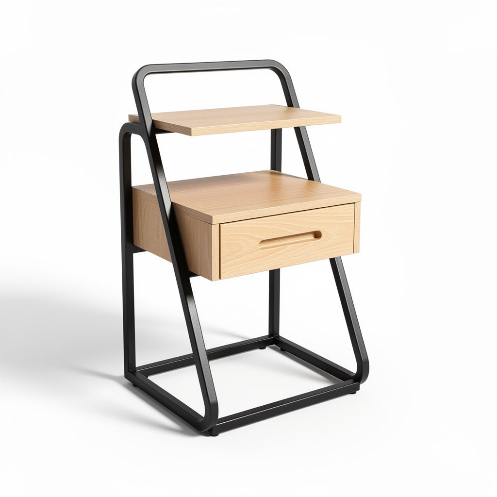 Mesita de noche moderna con estante y cajón de madera
