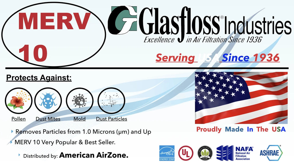 Glasfloss Air Filter 16x18x2 - 2" MERV 10 - (Pack of 6) - Pleated AC or HVAC Air Filter - Furnace Air Filter - Home or Office - Made In The USA.