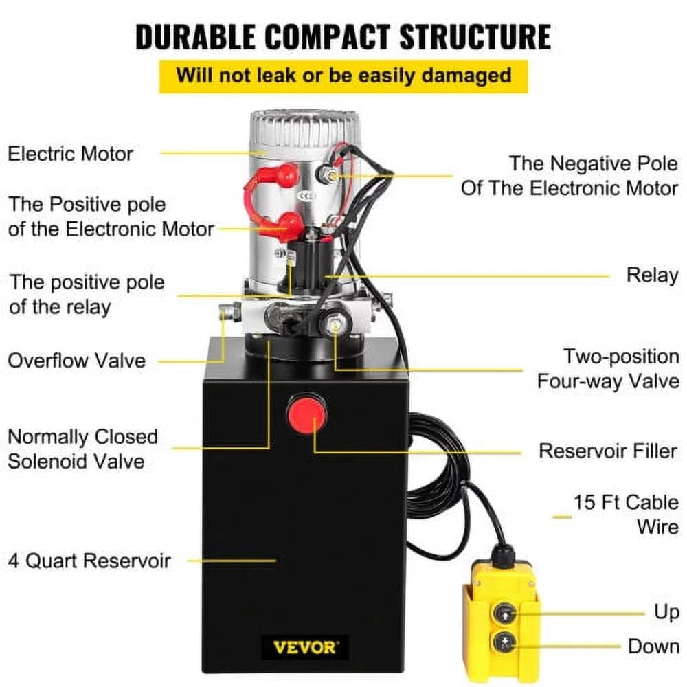VEVOR Hydraulic Pump 13 Quart Dump Trailer Single Acting Power Unit 12V,with Control Remote 3200PSI Metal Reservoir 12 Volt Black