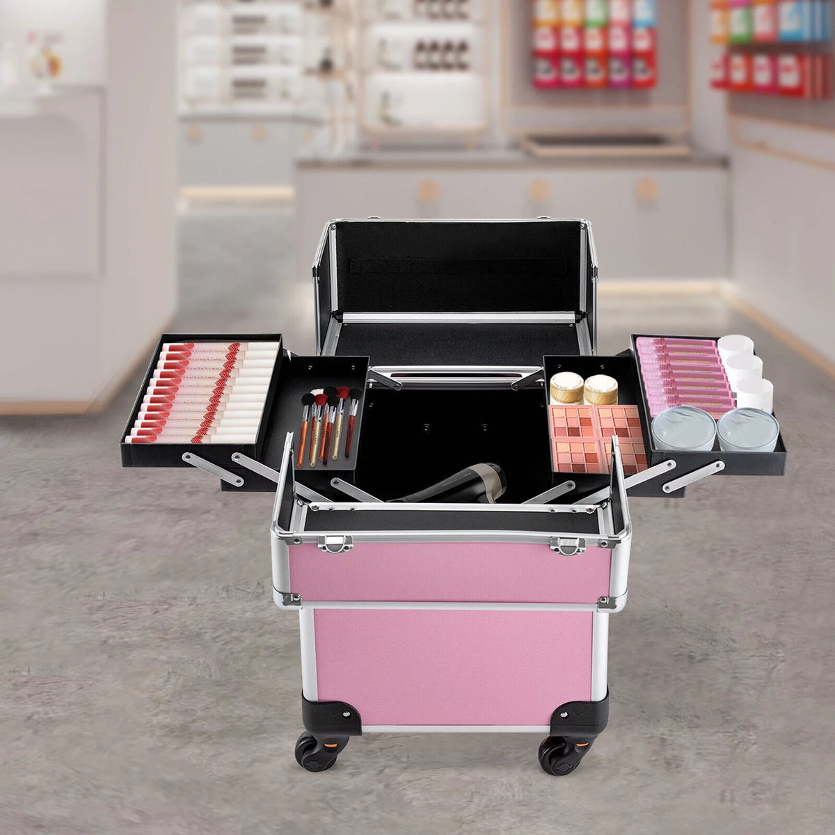Miumaeov Rolling Makeup Train Case Cosmetic Trolley Cosmetic Case Professional Large Storage Organizer Salon Barber Case Travel Adjustable Dividers for Beauty Personal Care