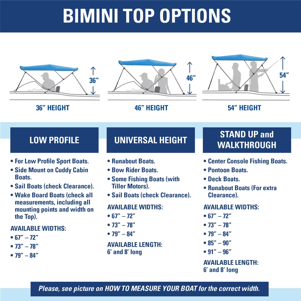 Bimini Top Boat Cover 46" High 3 Bow 79"-84" Wide 6' L Solution Dye BLACK
