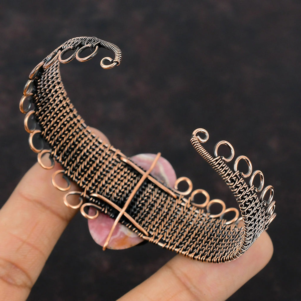 Rhodochrosite Gemstone Cuff Bracelet Adjustable Bangle Copper Wire Wrap Jewelry