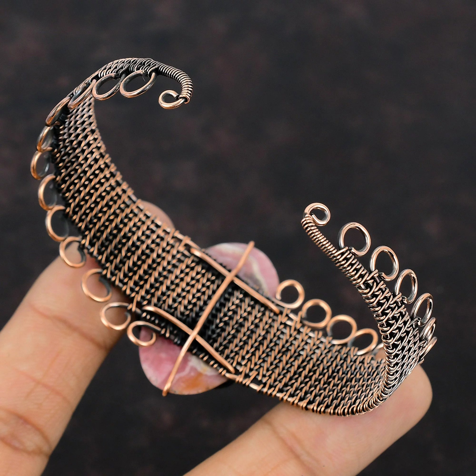 Rhodochrosite Gemstone Cuff Bracelet Adjustable Bangle Copper Wire Wrap Jewelry