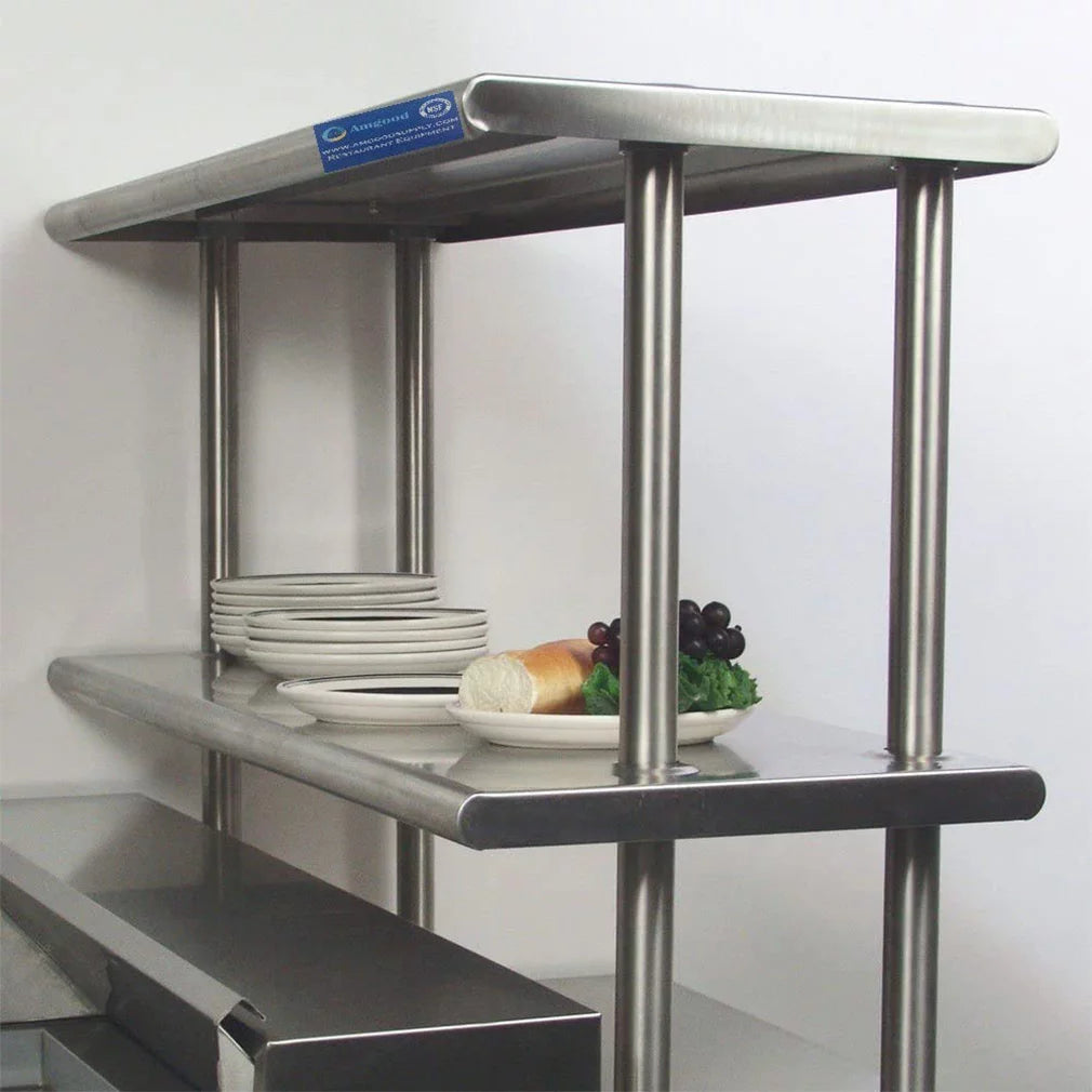 30" x 48" Rust-resistant Metal Work Table With Two Shelves | 12" Wide Double Tier Overshelf | Metal Kitchen Prep Table & Shelving Combo