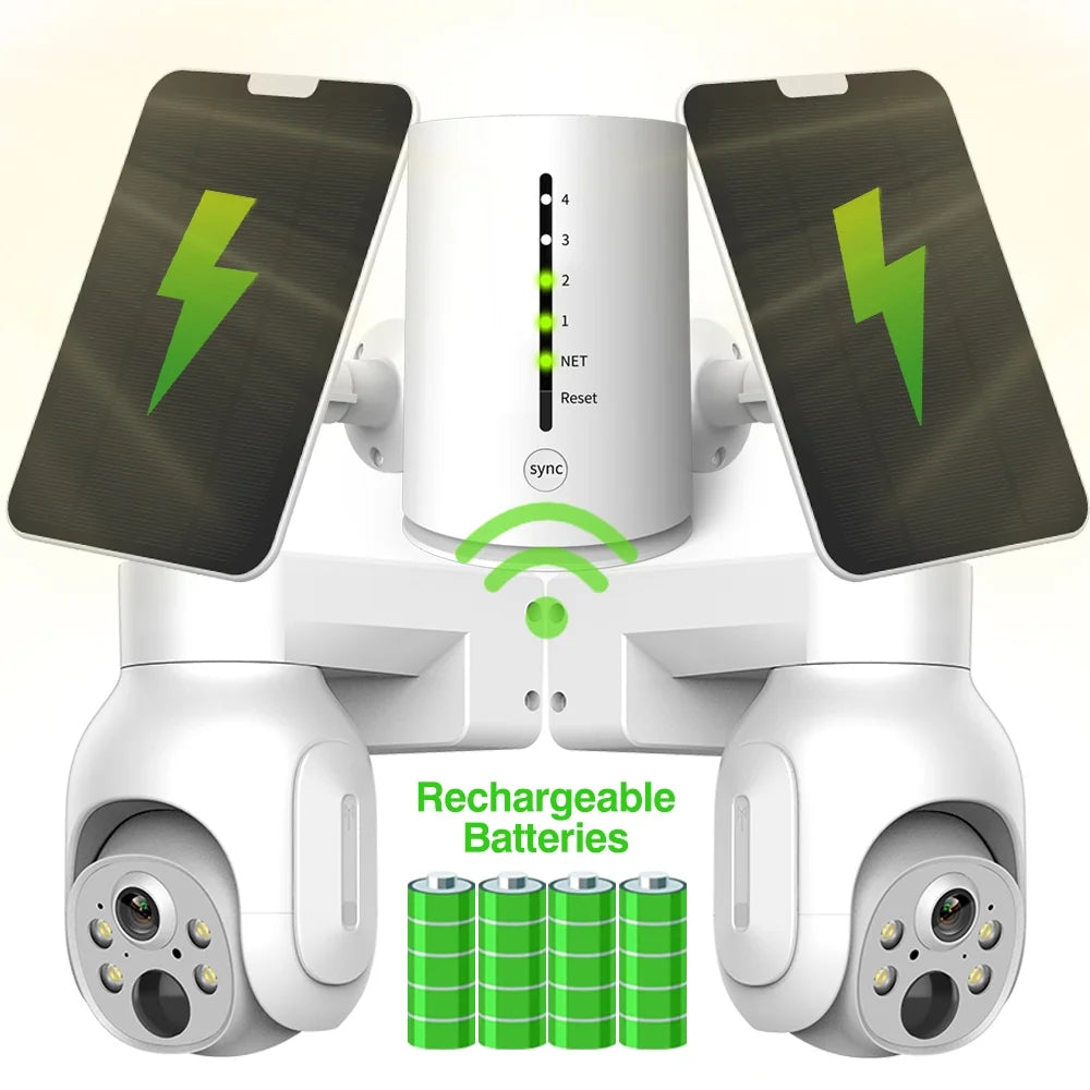 VIKVIZ CCTV System 2Pcs 4MP Rechargeable Battery WiFi PTZ IP Camera Kit with Solar Panels,4CH Base Station,Wireless Technology,Night Vision,Motion Detection