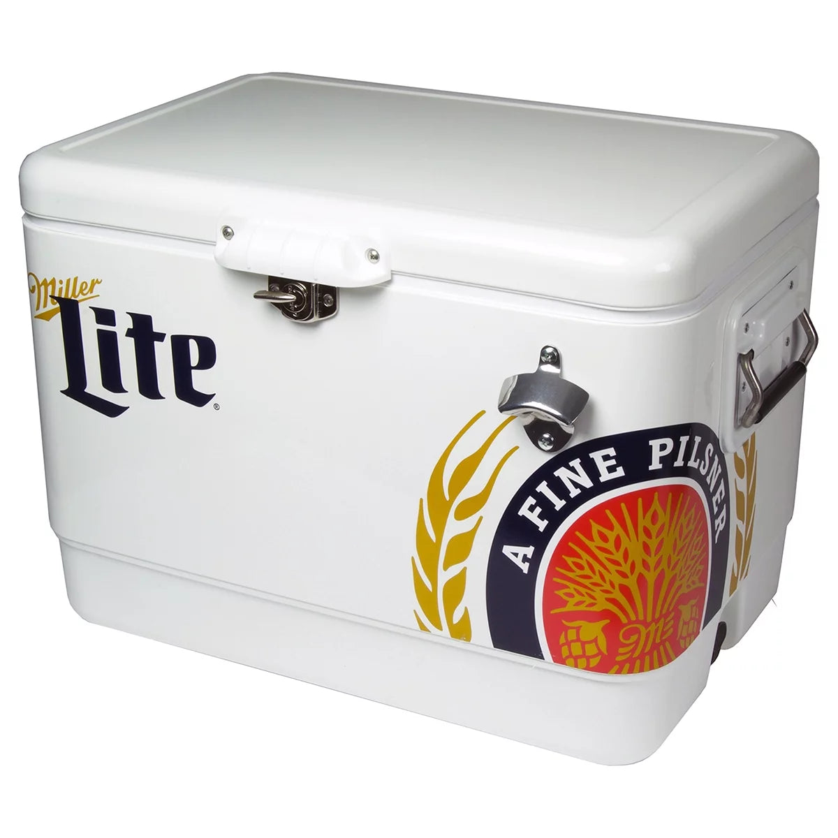 Miller Lite Ice Chest Beverage Cooler with Bottle Opener, 51L (54 QT), 85 Can Metal-belted Portable Cooler, White and Blue, for Camping, Beach, RV, BBQs, Tailgating, Fishing