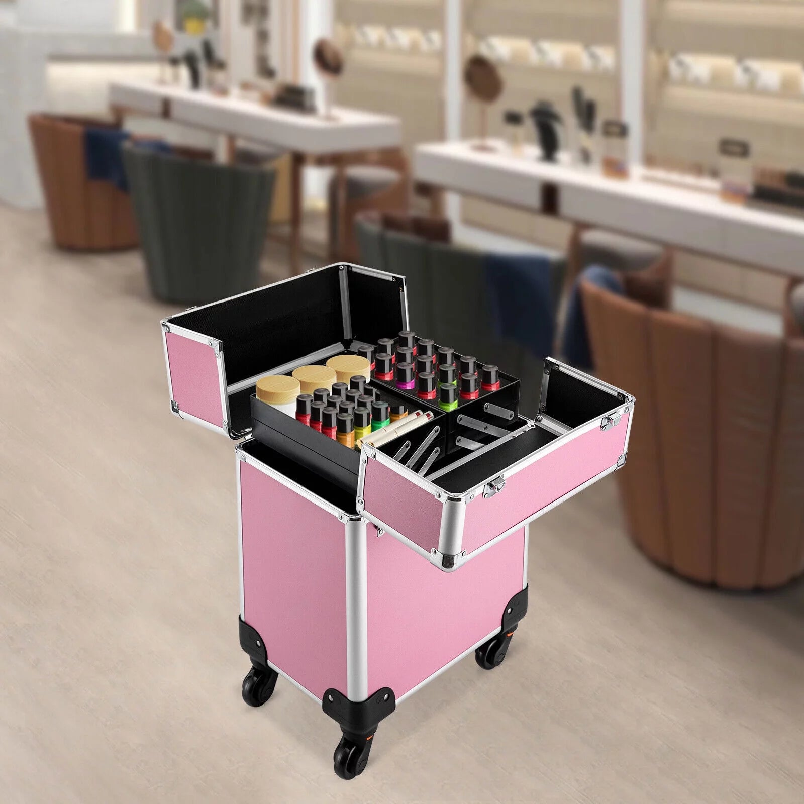 Miumaeov Rolling Makeup Train Case Cosmetic Trolley Cosmetic Case Professional Large Storage Organizer Salon Barber Case Travel Adjustable Dividers for Beauty Personal Care