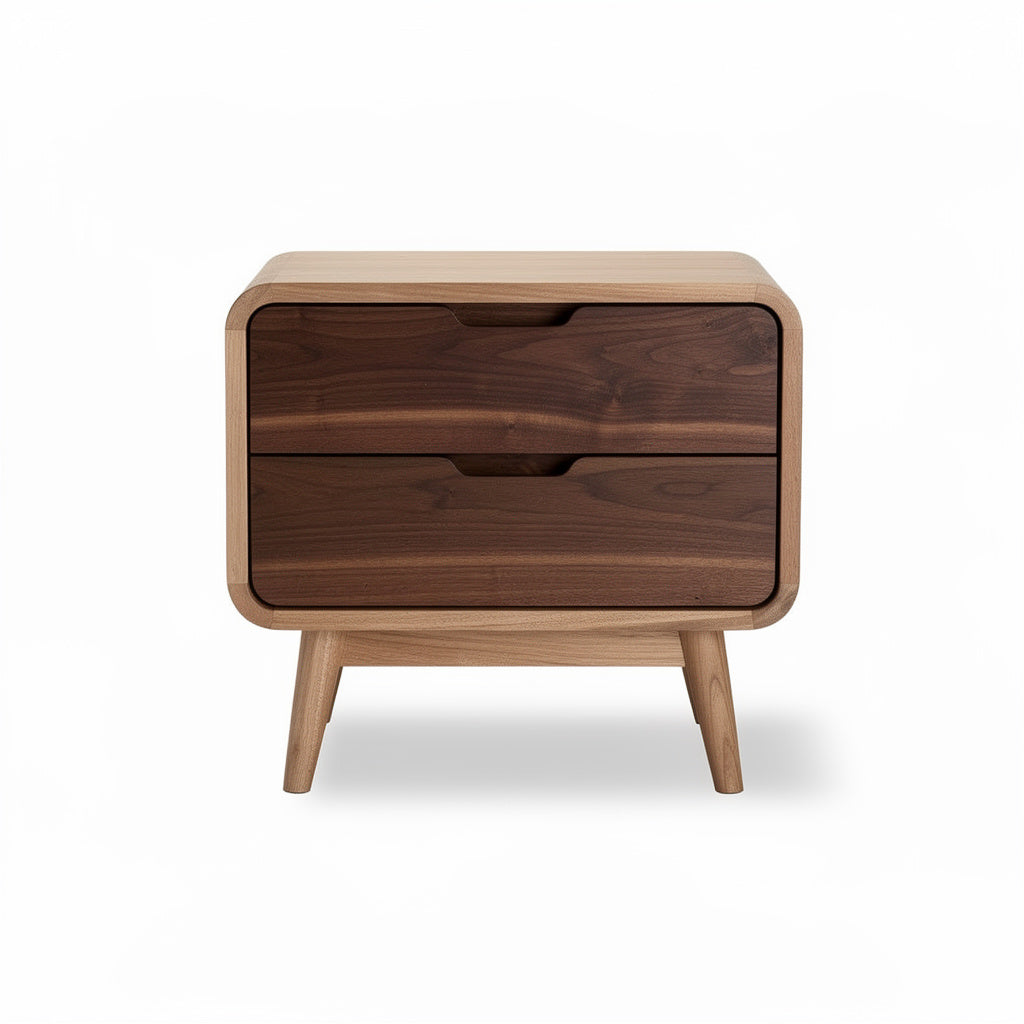 Mesita de Noche Moderna de Madera con Dos Cajones y Patas de Diseño Minimalista