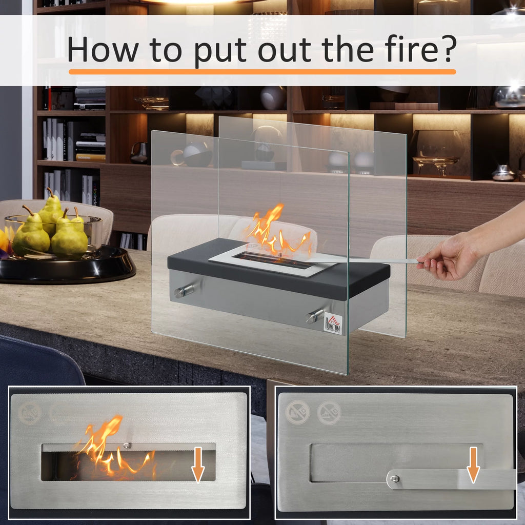 HOMCOM Ethanol Fireplace, 18.5" Tabletop 0.39 Gal Rust-resistant Metal 269 Sq. Ft., Burns up to 3 Hours, Black