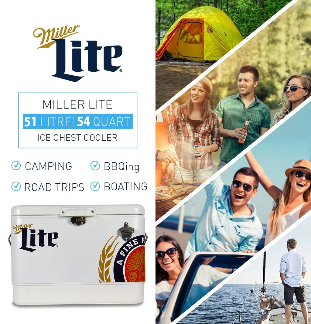 Miller Lite Ice Chest Beverage Cooler with Bottle Opener, 51L (54 QT), 85 Can Metal-belted Portable Cooler, White and Blue, for Camping, Beach, RV, BBQs, Tailgating, Fishing