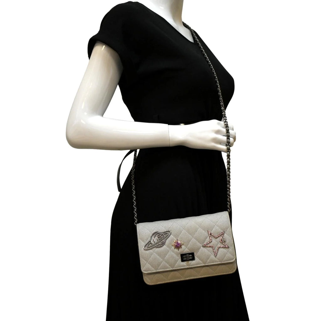 Previously Owned CHANEL Classic 2.55 Reissue Space Charm Quilted Canvas WOC Crossbody Bag Light Grey