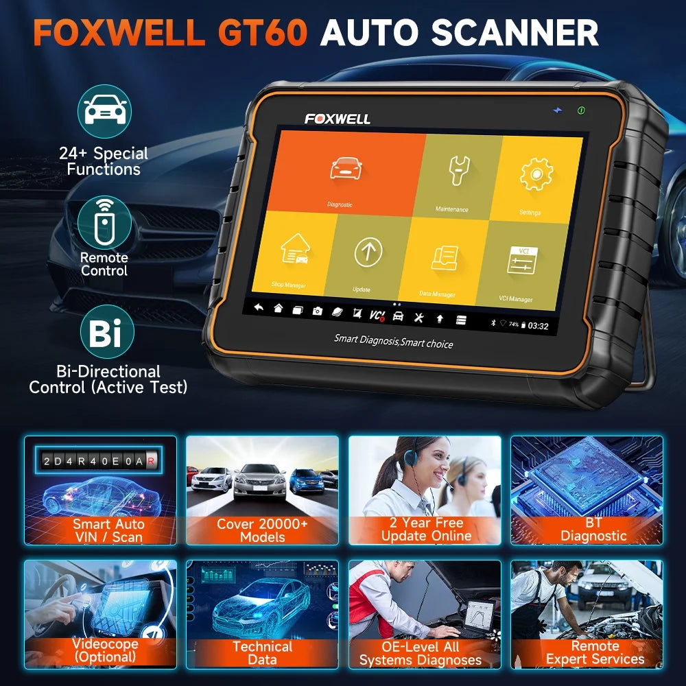 Foxwell GT60 Wireless Bluetooth Automotive Bi-directional Diagnostic Scanner 24+ Maintenance Services Full System OBD2 Scanner Code Reader for 12V Cars, EOBD OBD Scan Tool Vehicle Analyzer with Bag