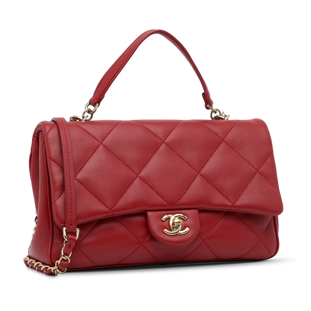 Previously Owned Authenticated Chanel Small Easy Carry Flap Bag Lambskin Leather Red Satchel Unisex (Good)