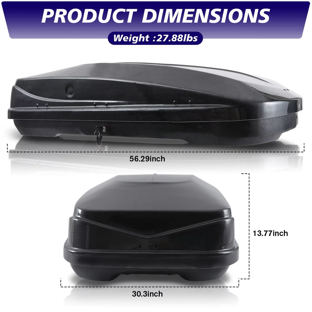 Large Rooftop Cargo Carrier Hard Shell Rooftop Cargo Box with Double Locks, 13 ft³ Waterproof Cargo Box for SUV Rooftop 56.3" L x 30.3" W x 13.8" H, Carbon Fibre Grain