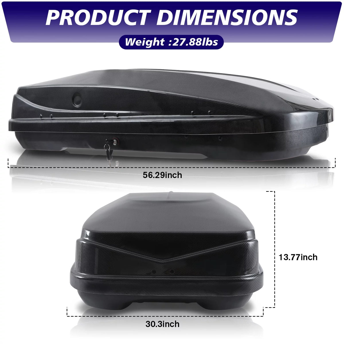 Large Rooftop Cargo Carrier Hard Shell Rooftop Cargo Box with Double Locks, 13 ft³ Waterproof Cargo Box for SUV Rooftop 56.3" L x 30.3" W x 13.8" H, Carbon Fibre Grain