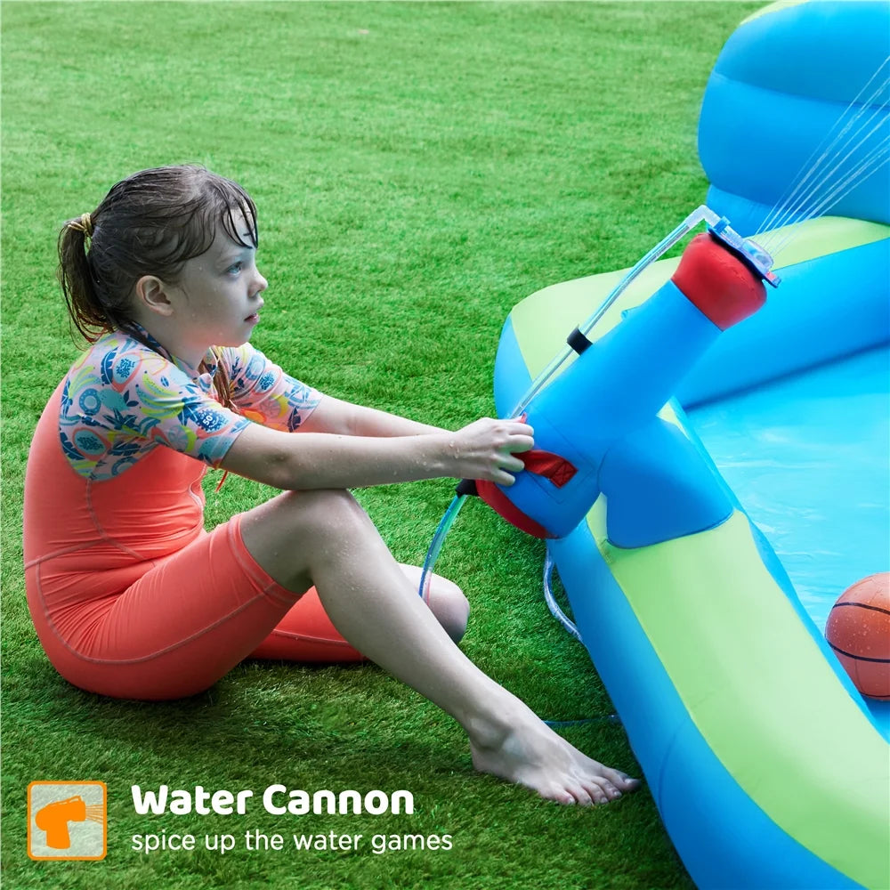 Alden Design Double Lane Inflatable Water Slide for Kids Aged 3 To 10 with Basketball Hoop & Climbing Wall, Green