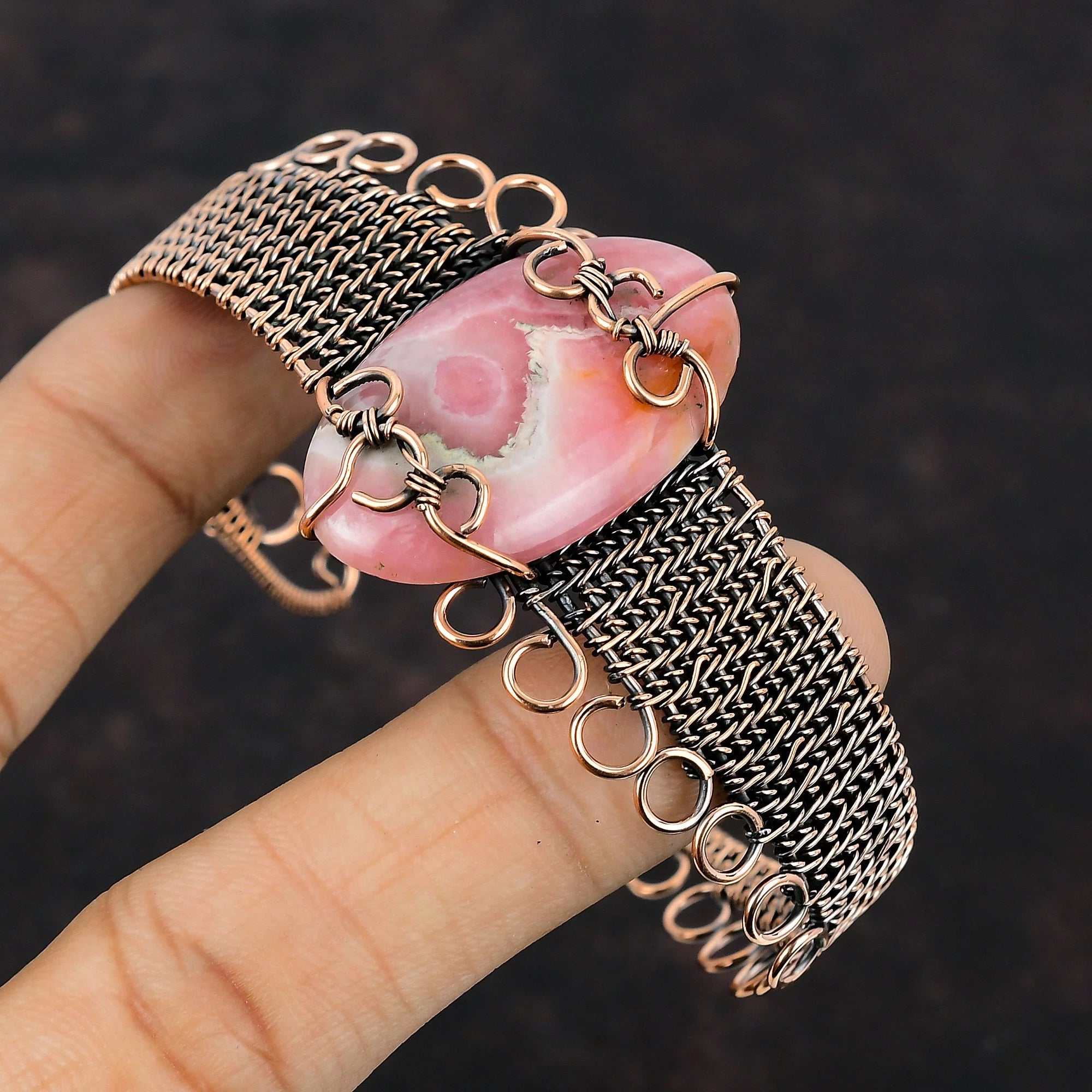 Rhodochrosite Gemstone Cuff Bracelet Adjustable Bangle Copper Wire Wrap Jewelry