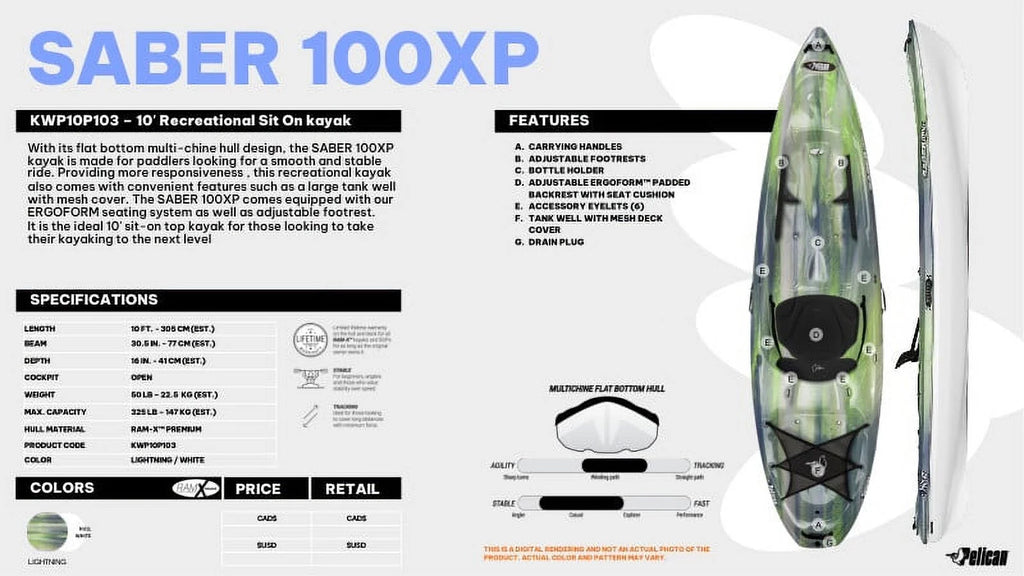 Pelican - Saber 100XP - Recreational Sit-on-Top & One Person Kayak - 10 ft - Lightning