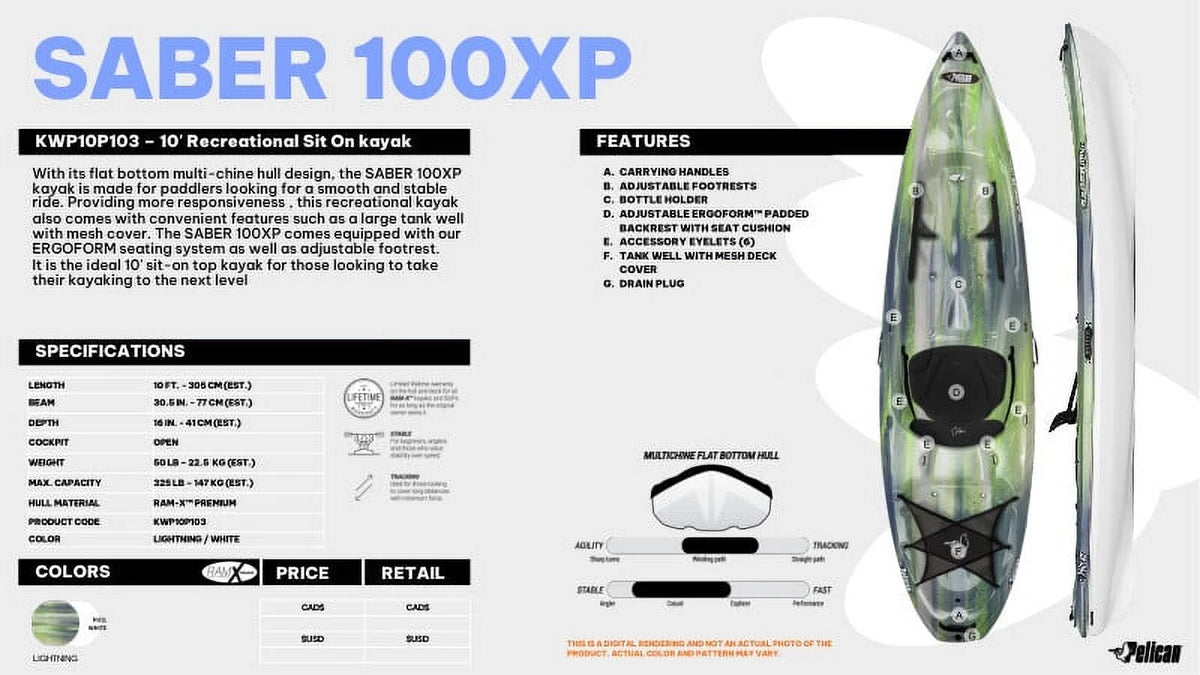 Pelican - Saber 100XP - Recreational Sit-on-Top & One Person Kayak - 10 ft - Lightning