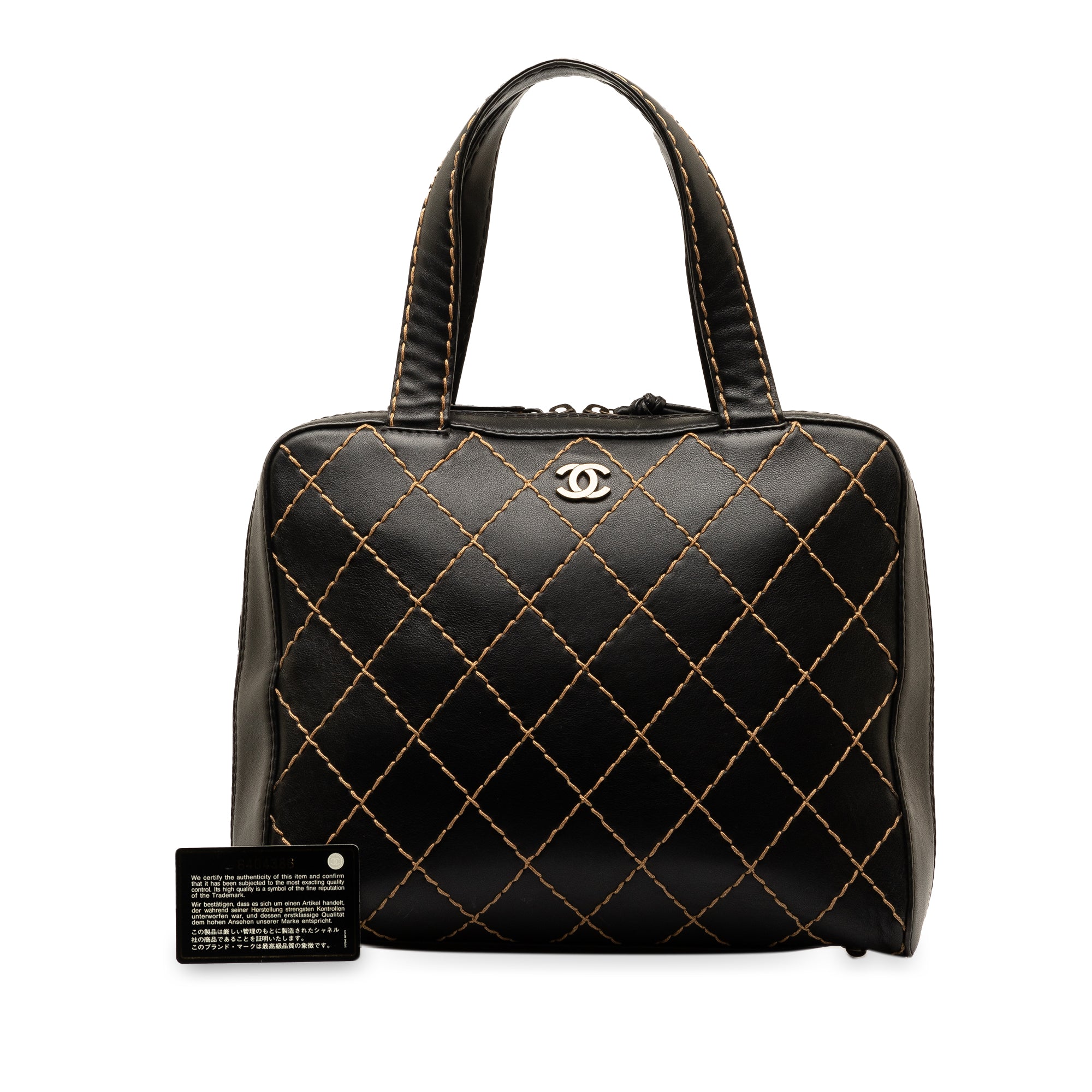 Used Authenticated Chanel CC Wild Stitch Handbag Lambskin Leather Black Top HandleBag Unisex (Good)