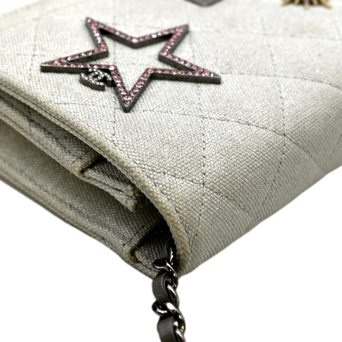 Previously Owned CHANEL Classic 2.55 Reissue Space Charm Quilted Canvas WOC Crossbody Bag Light Grey