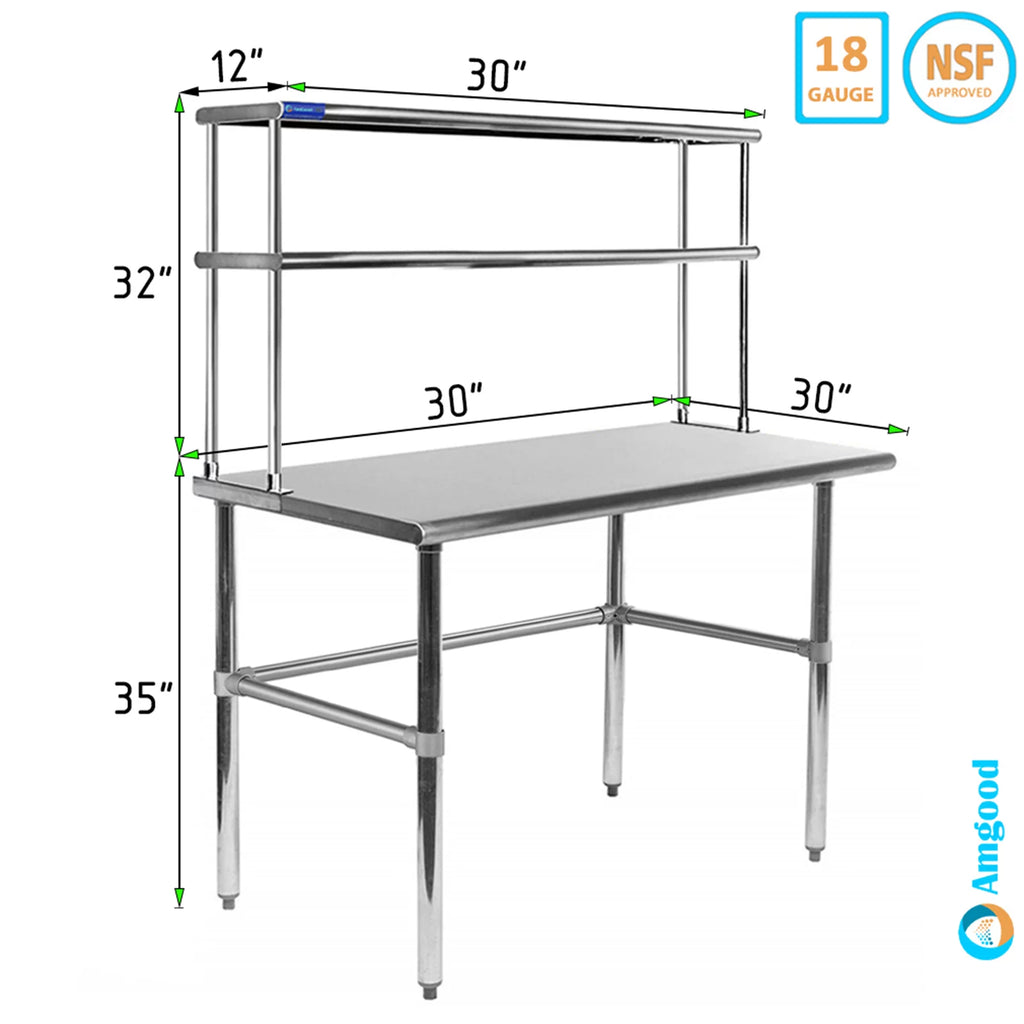 30" x 30" Open Base Corrosion-free Alloy Work Table With 12" Wide Double Tier Overshelf | Metal Kitchen Prep Table & Shelving Combo