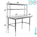 30" x 30" Open Base Corrosion-free Alloy Work Table With 12" Wide Double Tier Overshelf | Metal Kitchen Prep Table & Shelving Combo