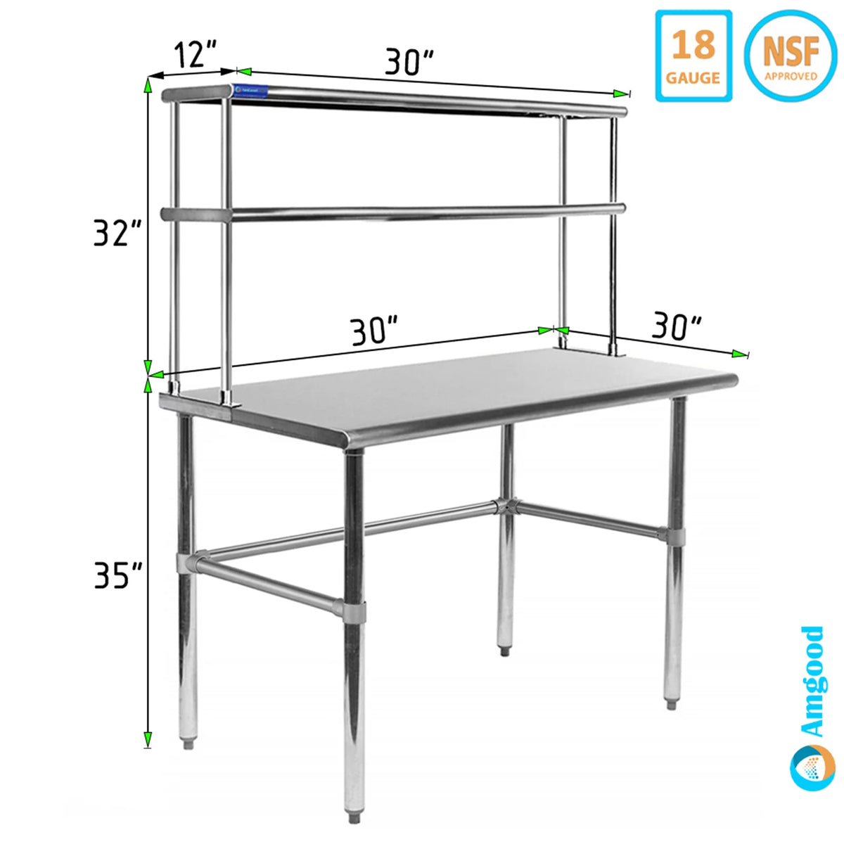 30" x 30" Open Base Corrosion-free Alloy Work Table With 12" Wide Double Tier Overshelf | Metal Kitchen Prep Table & Shelving Combo