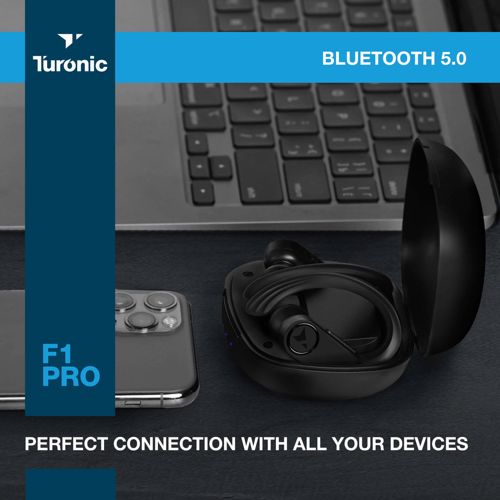 Turonic F1 Pro - True Wireless Earbuds - 45H Playtime, Charging case, Mic, IPX7 Waterproof Bluetooth Headphones w/Microphone - Sport Wireless Earphones with Earhook for Gym, Running, Workout - Black