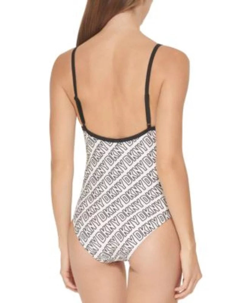 DKNY WHITE/BLACK Logo-Print One-Piece Swimsuit, US X-Large