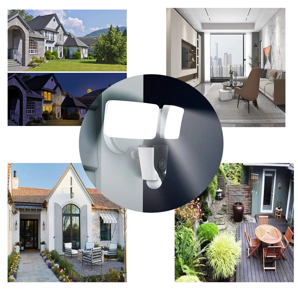Floodlight Camera, Smart Home 1080P Security Outdoor Camera Wireless WiFi with Flood Light, Built-in Siren Alarm, 114 View, IP65 Waterproof, MicroSD & Cloud Storage,
