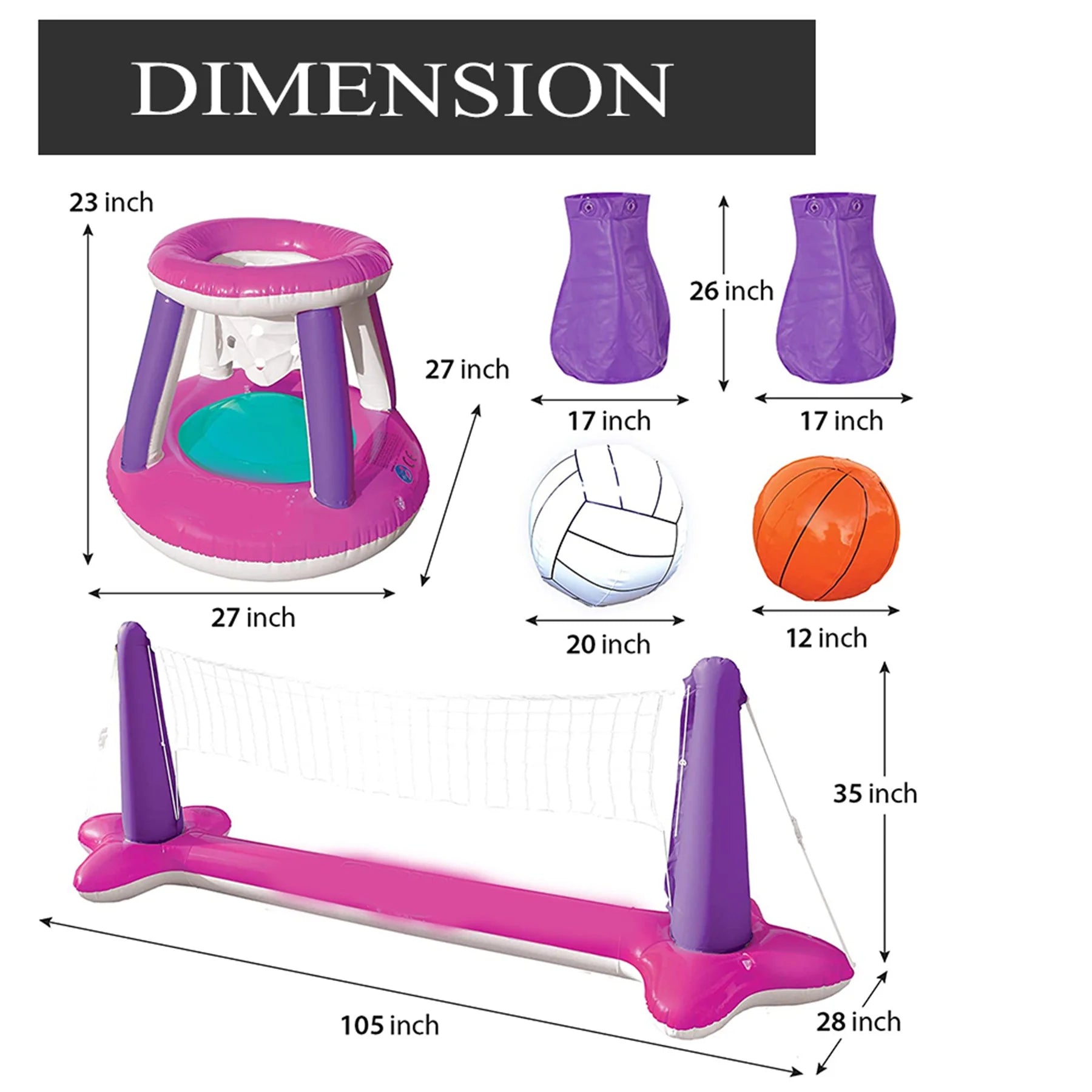Inflatable Volleyball Net & Basketball Hoops Pink Pool Float Set