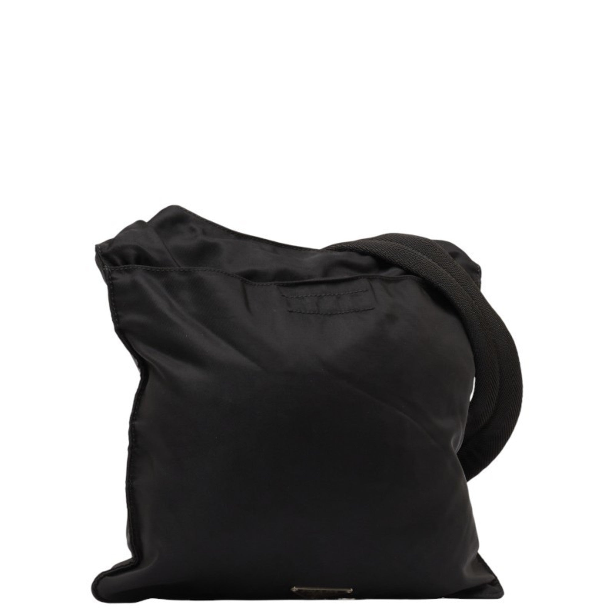 Previously Owned Prada Triangle Plate Shoulder Bag Black Nylon Leather Female PRADA (Fair)