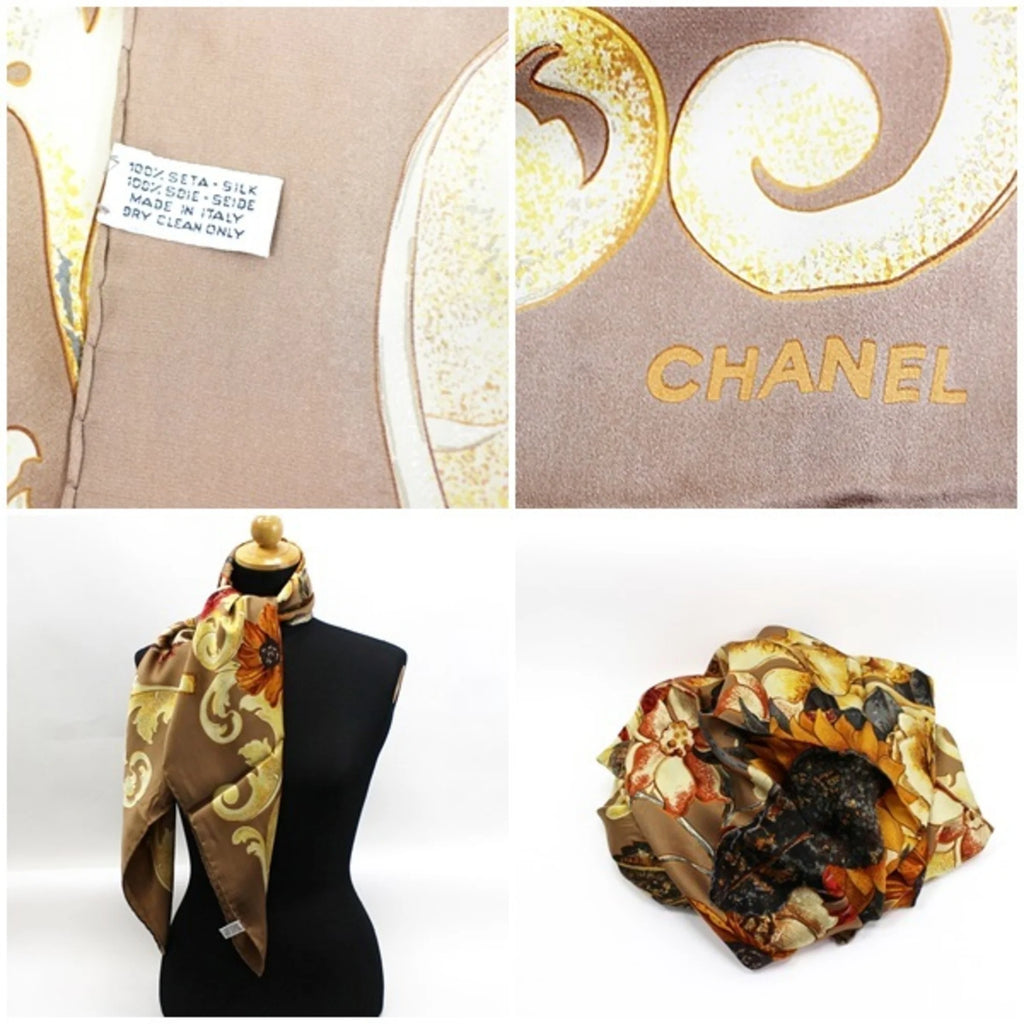 Previously Owned Chanel Silk Scarf Muffler Coco Mark Sunflower. Bird. Brown CHANEL Ladies (New)