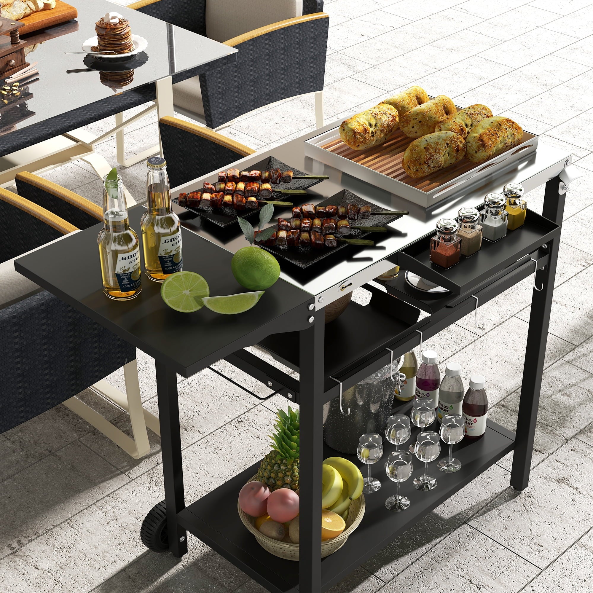 Outdoor Bar Cart with Rust-resistant Alloy Tabletop, Kitchen Island with Wheels, 2 Tiers & Seasoning Shelf, Patio Serving Cart with Hooks, Towel & Garbage Bag Holder, Plates & Spice Jars, Black