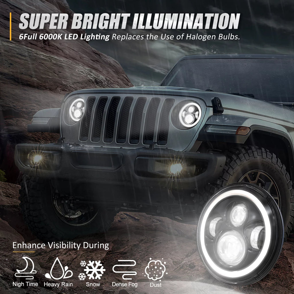 NUVISION LIGHTING NVL-HL-001H Nuvision For 1997 to 2018 Jeep Wrangler/Wrangler JK TJ LJ CJ 2Pcs 7 inches LED Halo DRL Projector Black Housing Headlights 13 14