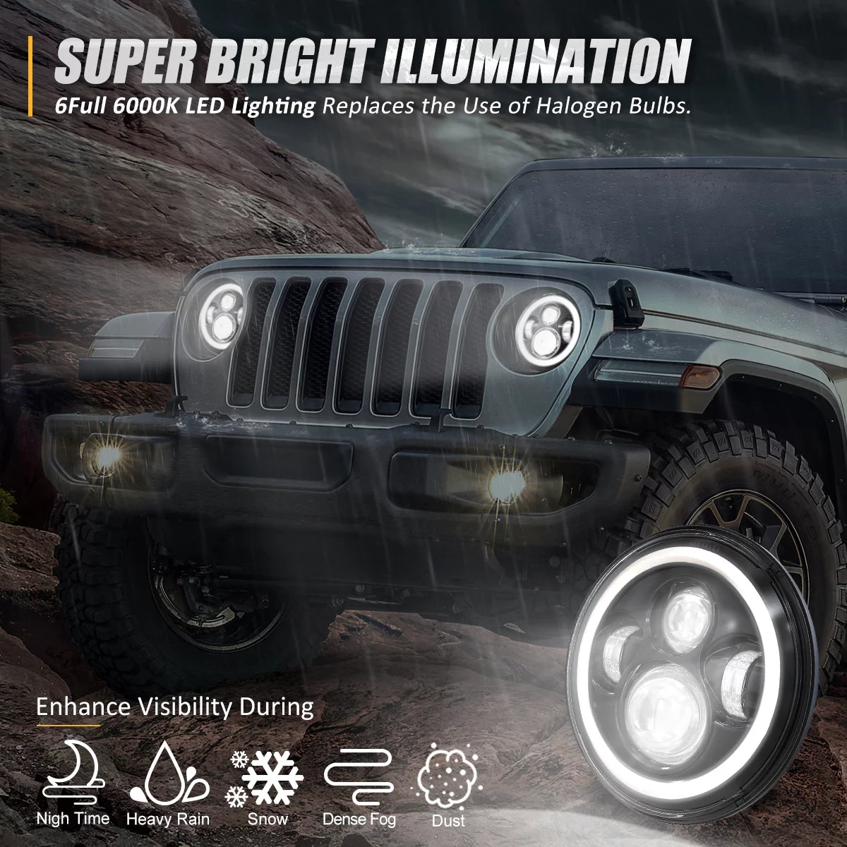 NUVISION LIGHTING NVL-HL-001H Nuvision For 1997 to 2018 Jeep Wrangler/Wrangler JK TJ LJ CJ 2Pcs 7 inches LED Halo DRL Projector Black Housing Headlights 13 14