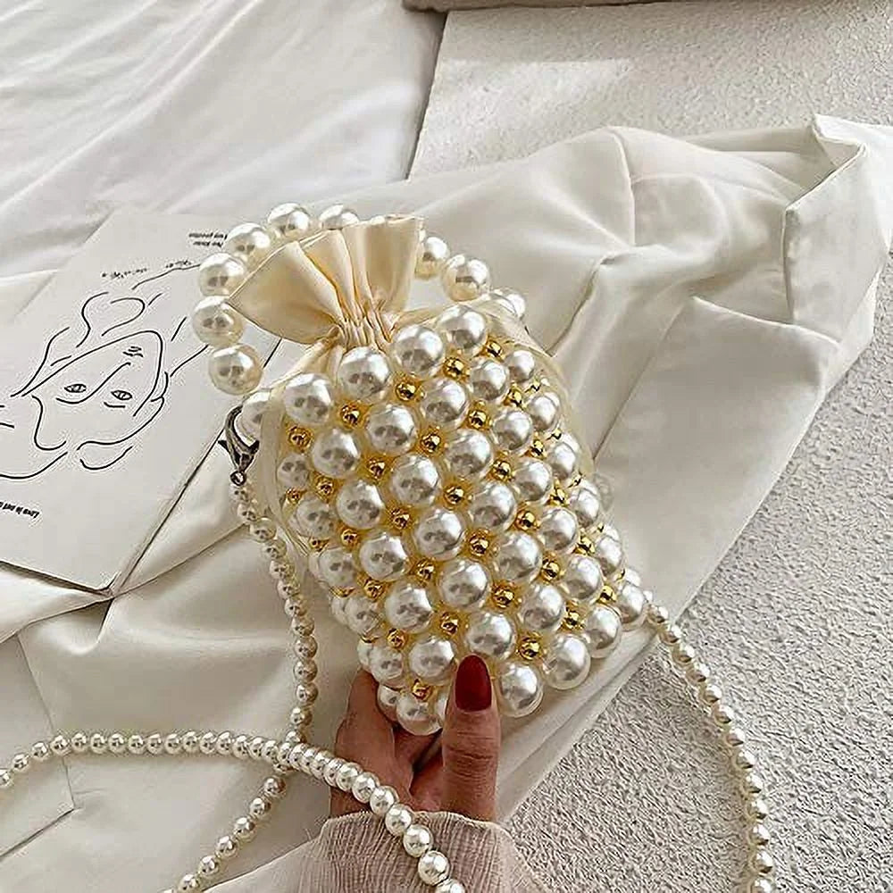 Beaded Handbag for Women White Pearl Decoration Evening Bags with Detachable Chain Inner Bag Medium