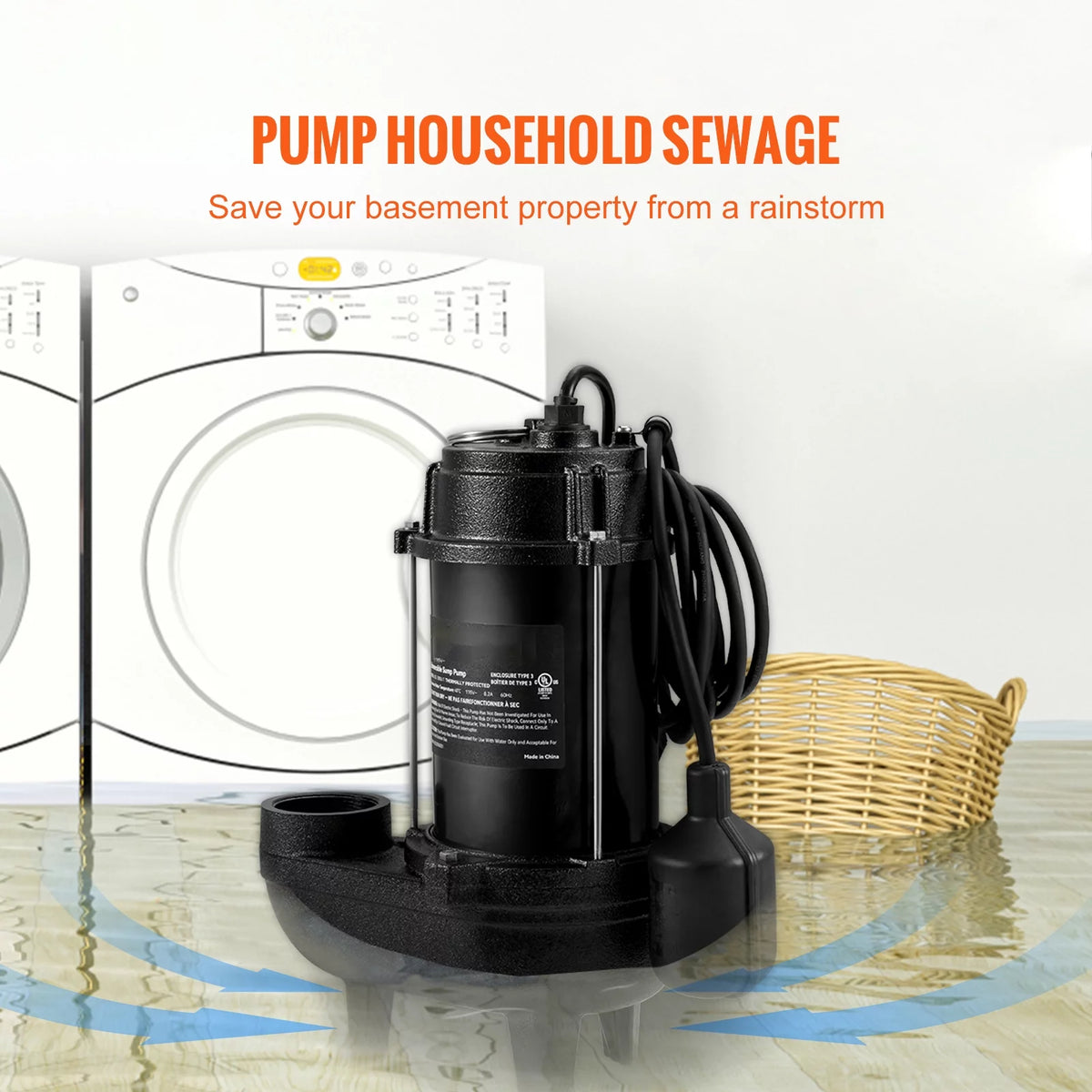 BENTISM Sewage Pump, 3/4 HP 5880 GPH 1050W, Submersible Cast Iron Ejector, with 2" Discharge and 10 ft Piggy-back Automatic Tether Float Switch, for Septic Tank, Basement, Residential Sewer Effluent
