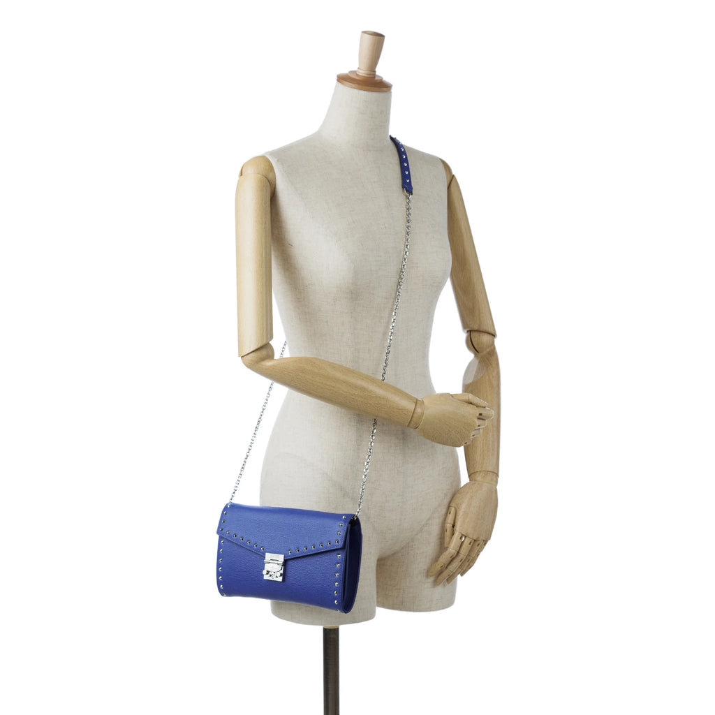 Previously Owned Authenticated MCM Studded Patricia Wallet on Chain Calf Leather Blue Crossbody Bag Unisex (Good)