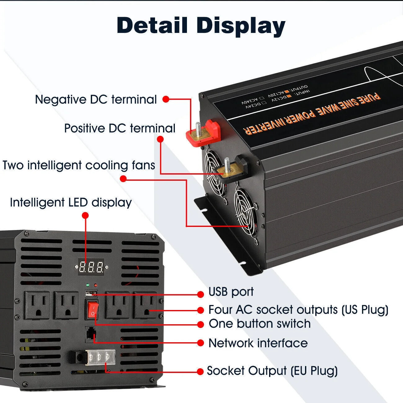7000W Pure Sine Wave Car Power Inverter DC 12V To AC 120V LCD Car RV Solar Converter