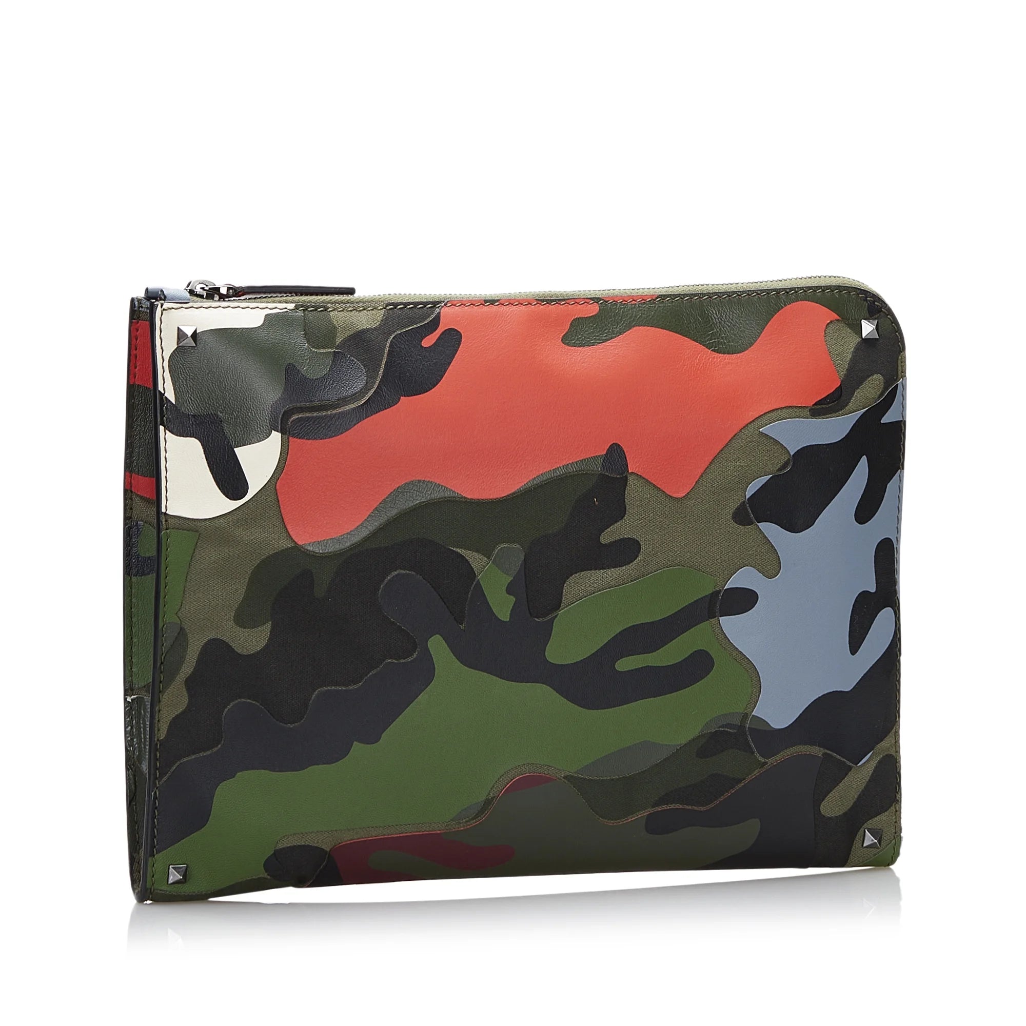 Used Authenticated Valentino Camouflage and Leather Clutch Bag Canvas Fabric Green WristletBag Unisex (Good)