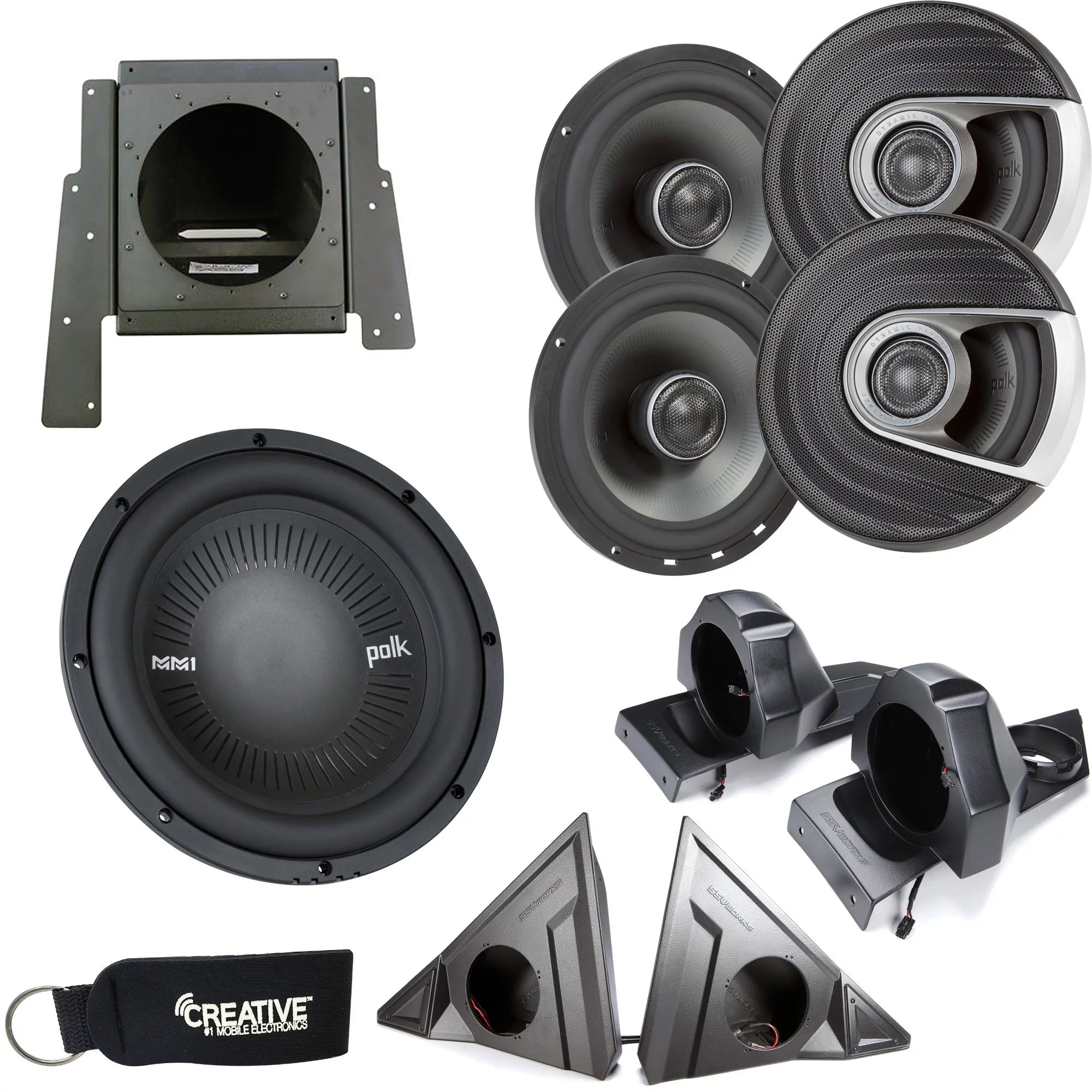 SSV Works For Polaris Slingshot - Front & Rear Speaker Pods with Polk MM652 Speakers & Sub Enclosure with MM1042SVC Sub