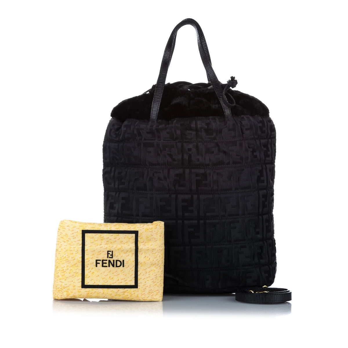 Previously Owned Fendi Zucca Drawstring Tote Bag Nylon Fabric Black Satchel Women (Good)