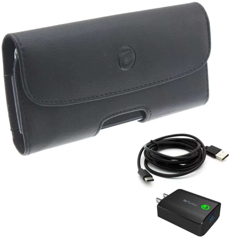 6ft USB Cable 18W Fast Home Charger w Holster Leather Case Belt Clip for OnePlus 6, 8 5G UW - Razer Phone 2 - Samsung Galaxy S9 Plus S8 Plus S22 Plus S10 Plus XCover FieldPro S20 Fan Edition